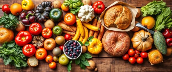 Assortment of fresh fruits, vegetables, and baked goods on rustic wooden table,  dinner,  nature