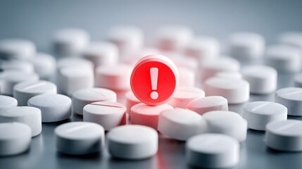 Highlighted medication tablet features a prominent warning symbol among numerous white pills