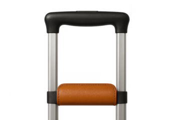 Luggage handle with brown leather grip on transparent background