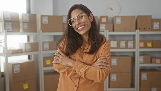 Woman smiling with crossed arms among stacked parcel boxes on shelving in delivery office building, wearing glasses and orange shirt; confidence entrepreneurship.