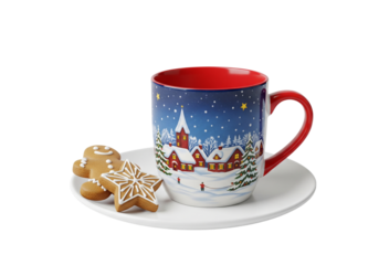 Festive Winter Village Mug with Gingerbread Man and Star Cookies on White Background