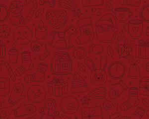 Christmas seamless pattern, doodle outline illustrations on dark red background. Santa, gifts, gingerbread, mittens, toys, candles, festive Christmas and New Year icons.