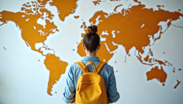 Young woman with yellow backpack faces large world map on wall. She plans global travel studies or career abroad exploring future opportunities and destinations.