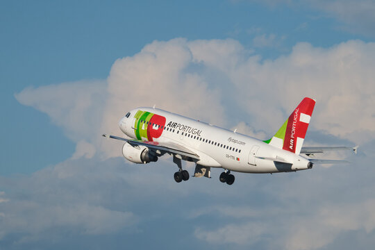 TAP Air Portugal Airbus A319-111 passenger plane take off in Humberto Delgado Airport in Lisbon