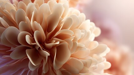 Close up view reveals intricate layers of soft, peach colored petals in full bloom
