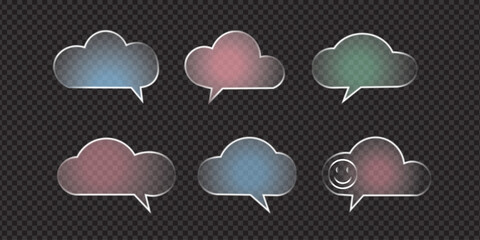 liquid glass fram transparent glass cloud message bubbles, colorful gradients and outlines