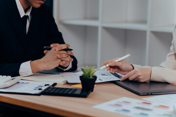 Financial Collaboration: In a well-lit office, two business professionals are engrossed in a...