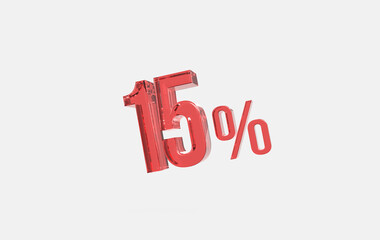 3d red glass 15% sign icon on isolated background	
