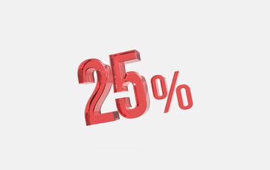 3d red glass 25% sign icon on isolated background	
