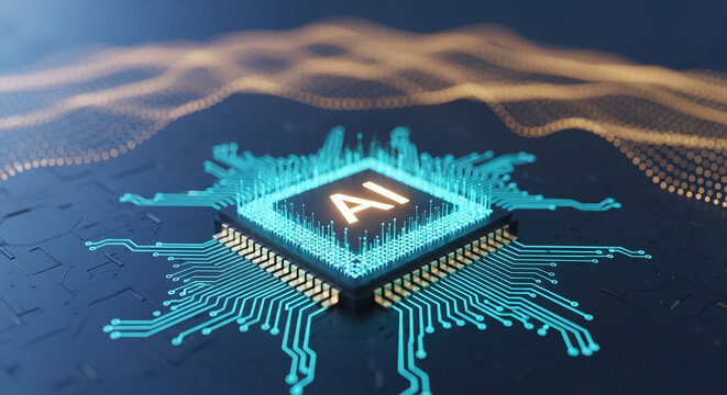 Close-up of AI microchip on circuit board, glowing teal lines, abstract background, showcasing technological advancement, innovation, and future concept - Powered by Adobe