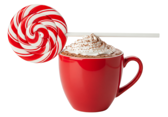 Festive Hot Cocoa in Red Mug with Whipped Cream & Peppermint Swirl Lollipop on White Background