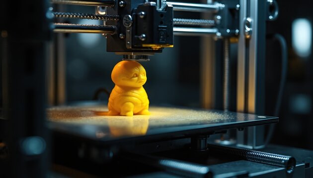 3d printer creates yellow figurine. Machine builds object layer by layer. Modern tech forms custom prototype with plastic material, showing innovation.
