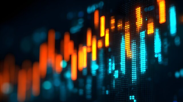 Digital financial data displays bright orange and blue rising and falling bar graphs
