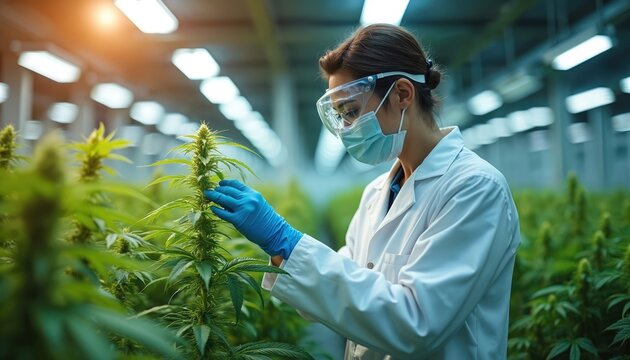 Scientist in mask checks cannabis plant in grow room. Researcher studies marijuana crop for medical or industrial use. Person in lab coat works in modern greenhouse cultivation.