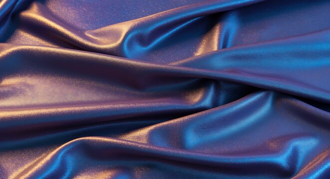 Closeup of shimmering blue and gold iridescent fabric with soft folds