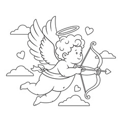 Cute cartoon cupid with bow and arrow flying through clouds with hearts ready to shoot love arrows