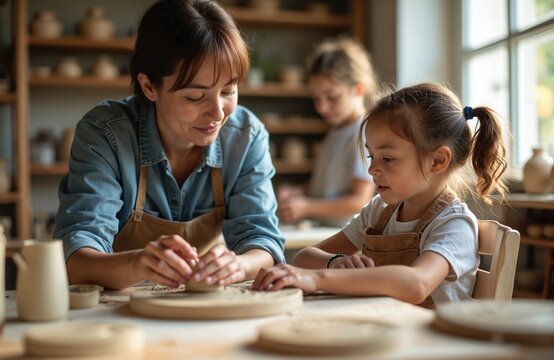 Woman leads kids in pottery class. Children learn ceramic art, shaping clay with teacher. Creative hobby lesson for young students in art studio. Fun craft activity.