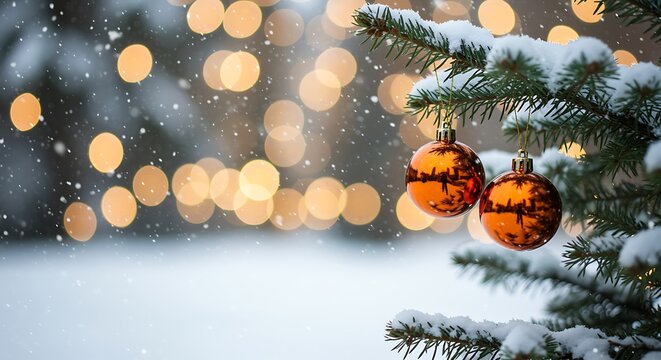 Christmas tree branch with snow and ornaments, bokeh lights background - Powered by Adobe