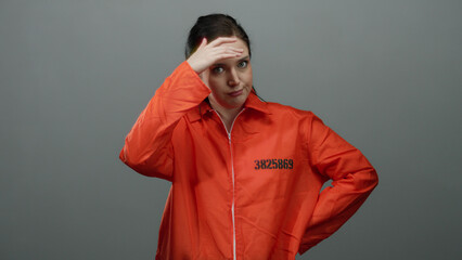 Woman in orange prison jumpsuit with brunette hair stands against a grey background, conveying a serious expression with her hand on hip, suggesting incarceration. © Krakenimages.com