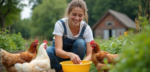 Young woman feeds chickens in backyard. Girl scatters food to hens from yellow bowl near wooden house. Female farmer takes care of poultry in countryside at farm.