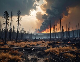 Devastating Wildfire Consumes Forest - A Scene of Destruction and Despair.