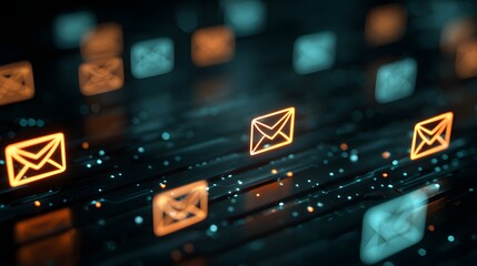 Glowing digital envelopes flow across a dark circuit board surface in an abstract communication concept
