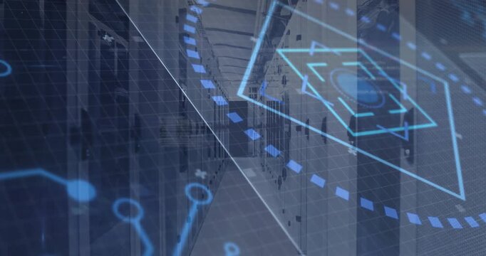HUD overlays fading in, server-rack corridor showing rotating graphics and visualizing data flow