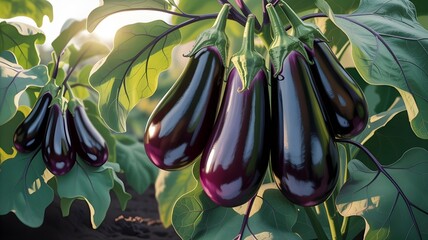 Fresh, organic purple eggplants or aubergines are shown ripe on the plant in the garden, highlighting the healthy and raw vegetable