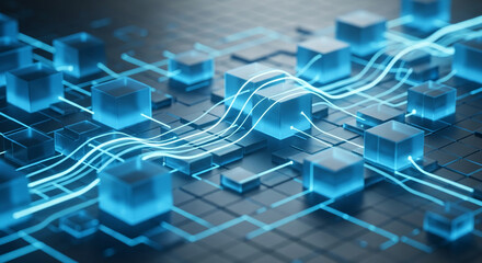 Abstract image of glowing blue cubes interconnected by lines, representing data flow, network, or digital connection, ideal for technology or futuristic concepts
