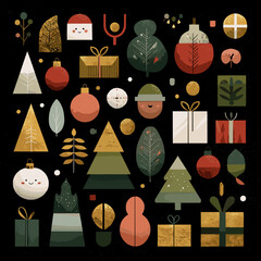 Vector illustration on a black background of a selection of New Year's items, toys, Christmas trees, and gift boxes
