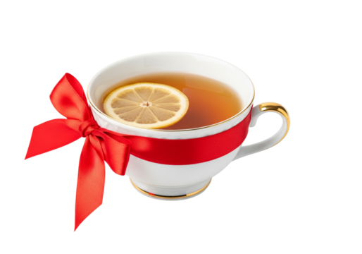 Festive Warm Lemon Tea in Elegant Cup with Red Ribbon Gift on White Background