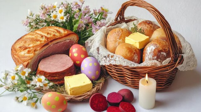 Colorful food in a woven basket on a table.