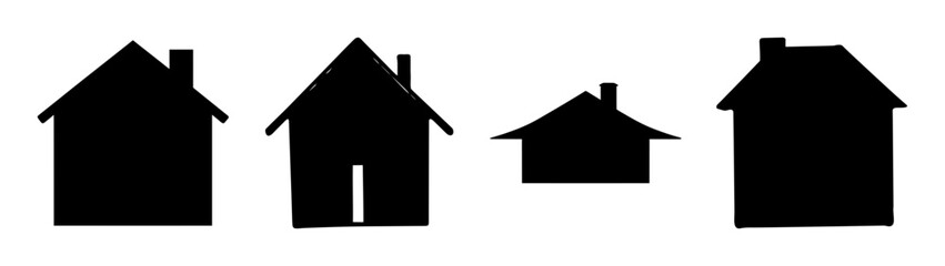 Four black silhouette house icons simple geometric buildings residential property shapes