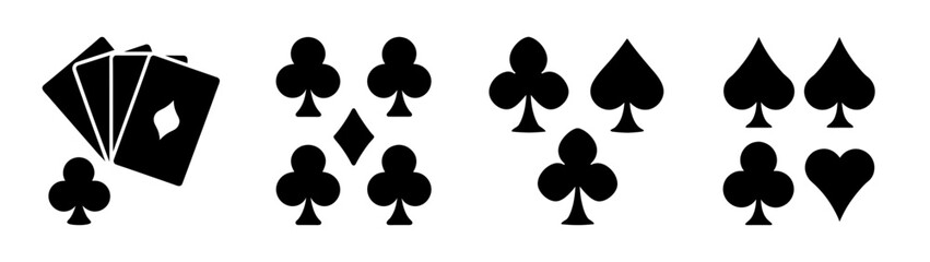 Collection of playing card suits symbols and fanned cards iconography for games and design