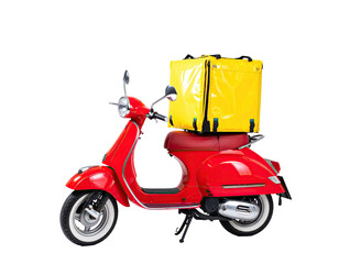 Obraz premium A vibrant red vintage scooter with a yellow delivery bag, isolated on a black background