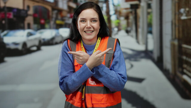 Woman pointing and gesturing while smiling on a lively street wearing a volunteer vest, highlighting her active involvement in community service outdoors.