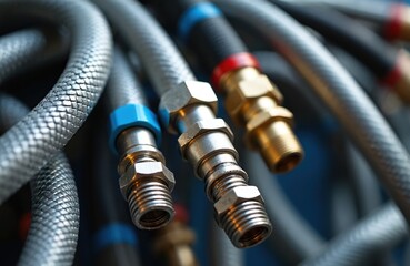 Close up of industrial water hoses with metal fittings and colorful connectors. Silver, blue, and gold hoses with various connections. Industrial equipment for water supply, plumbing, and engineering.