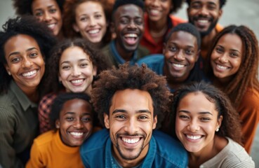 Obraz premium Diverse group of happy young adults smile broadly, looking up at camera. Express genuine joy, friendship, positive energy. Many different races, cultures, ages unite, bonding closely with happy