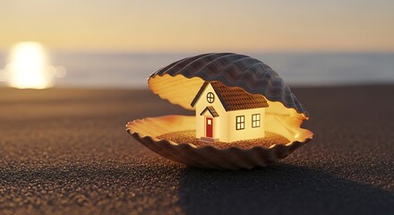 Dream home nestled inside a glowing seashell on a serene beach at sunset, symbolizing unique real estate opportunities and coastal living.,Genertaed Image