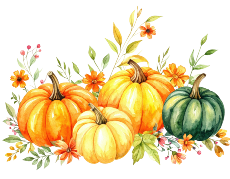 Watercolor depiction of pumpkins surrounded by floral arrangement in autumn colors