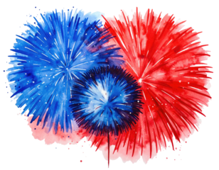 Artistic watercolor illustration of red and blue fireworks bursting in celebration