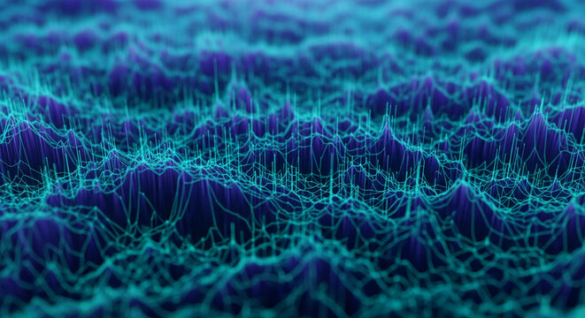 Abstract image of teal and purple lines forming a textured, undulating surface, suggestive of data visualization or a futuristic landscape