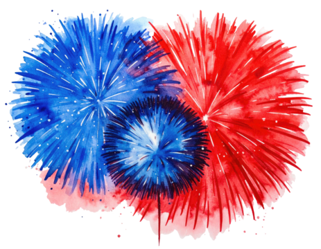 Artistic watercolor illustration of red and blue fireworks bursting in celebration