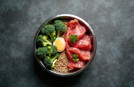 Bowl with fresh pet food. Includes raw meat broccoli egg and grains. Natural ingredients prepared for healthy canine or feline meal. Balanced nutrition for domestic animals.