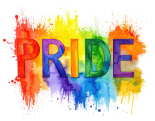 Watercolor text "PRIDE" overlaid on vibrant rainbow paint splatter, symbol of LGBTQ+ support