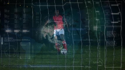 Male soccer player initiating run, taking approach and striking ball on goal sports data overlaying - Powered by Adobe