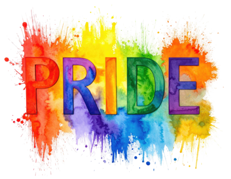 Watercolor text "PRIDE" overlaid on vibrant rainbow paint splatter, symbol of LGBTQ+ support