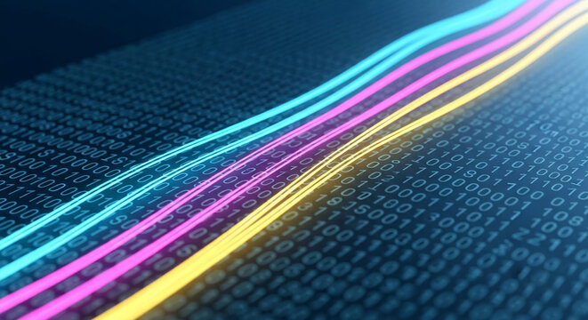 Abstract image with binary code background and glowing cyan, pink, and yellow lines, symbolizing data flow or digital technology