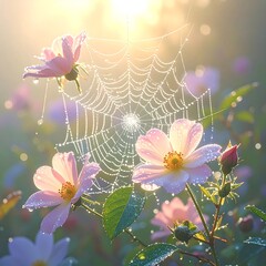 Dew-Kissed Web - A Floral Tapestry Woven with Natures Brilliance.