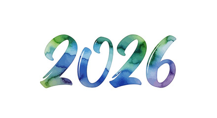 The year 2026 written in colorful watercolor style with blue, green, and purple hues, isolated on